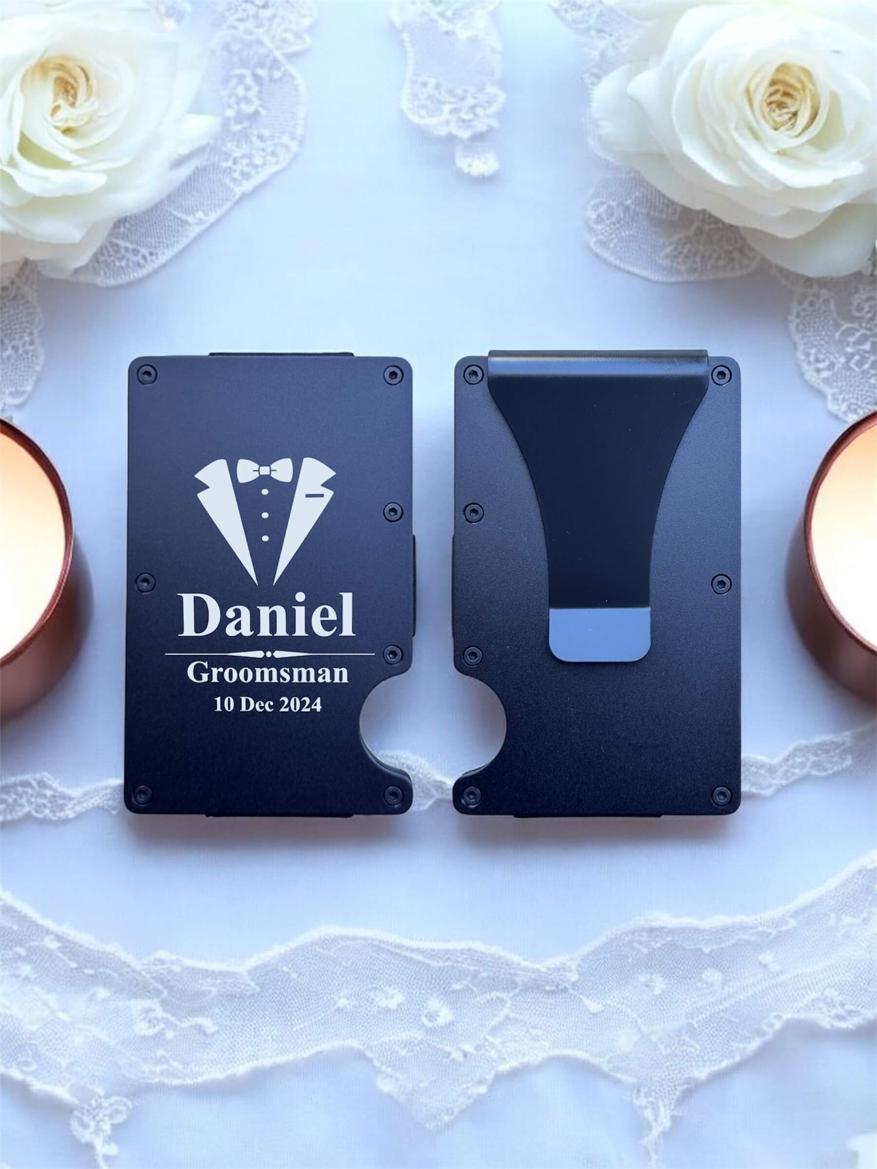 Engraved Wedding Card Holder with Cash Clip from front and back