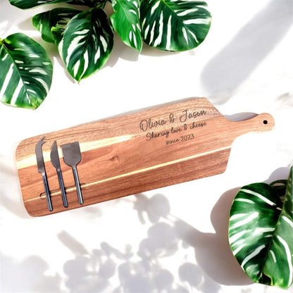 Engraved Wooden Cheese Board With 3 metal knifes