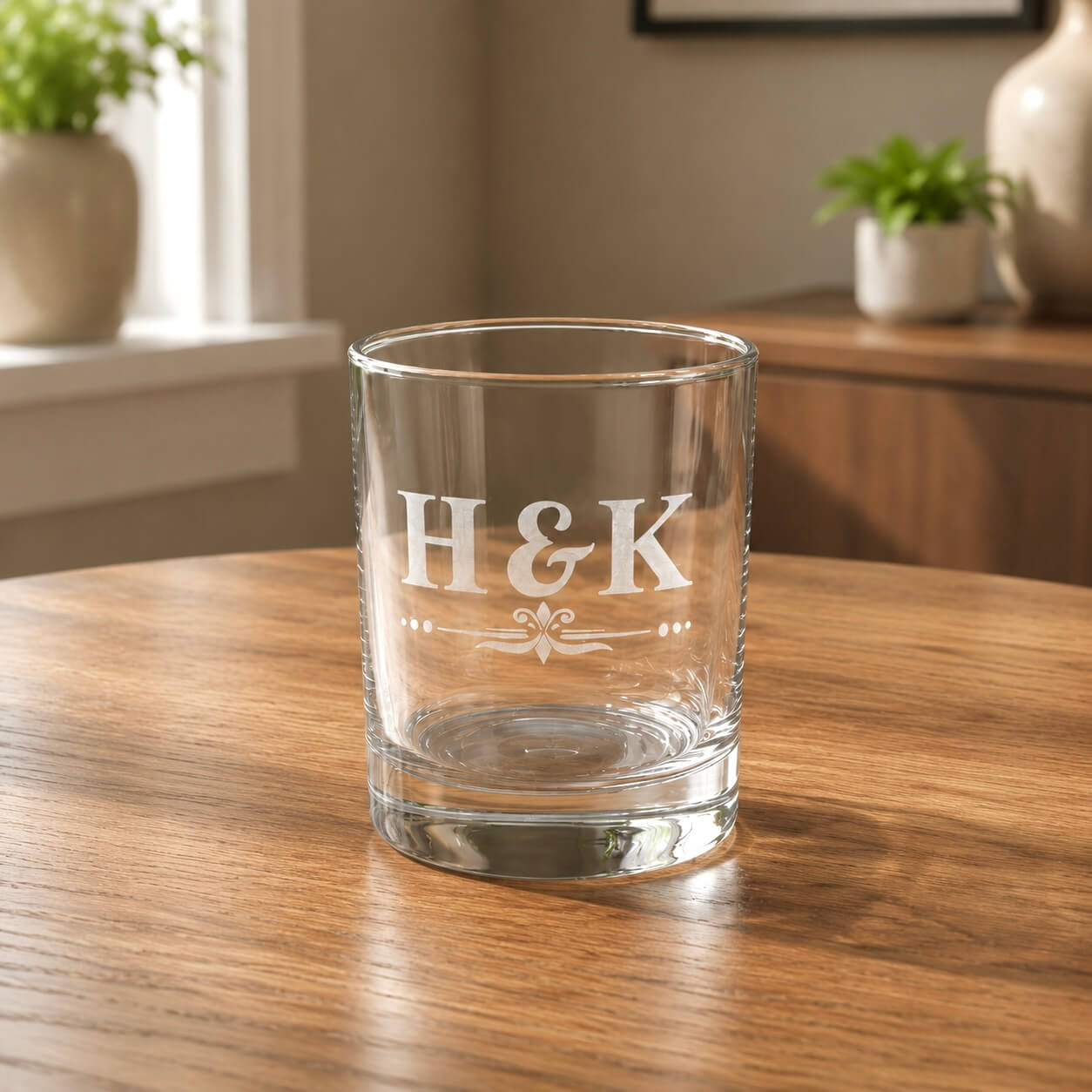 Engraved anniversary whiskey glass with personalised couples' initials in a bold serif font, displayed on a wooden table in a cosy living room setting