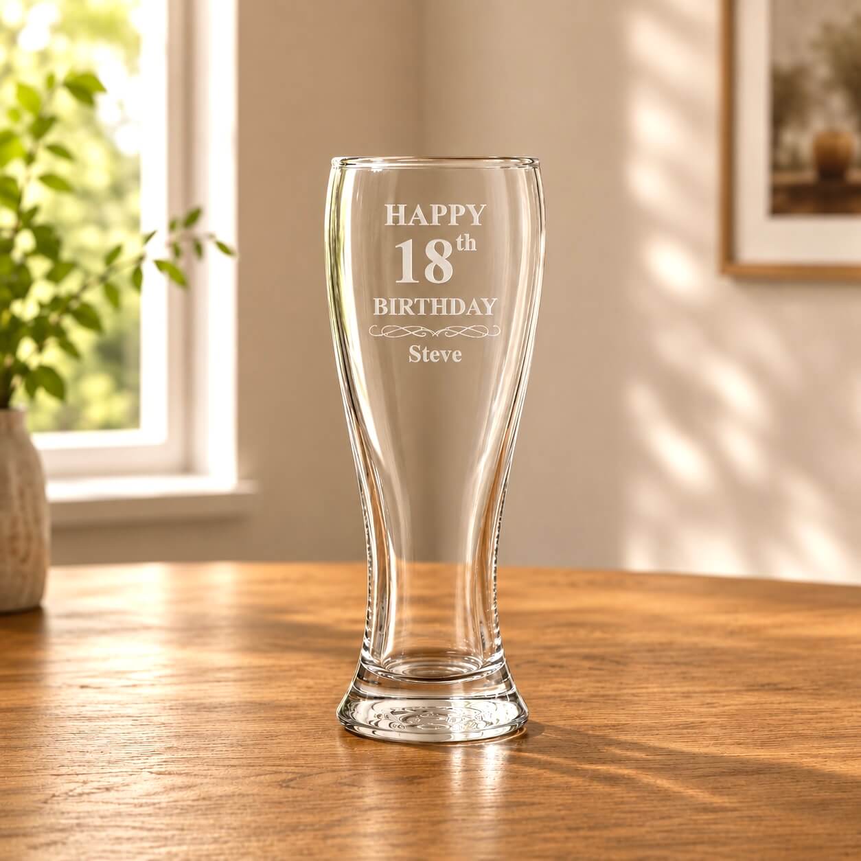 Engraved beer glass with Happy 18th Birthday design shown in warm natural light