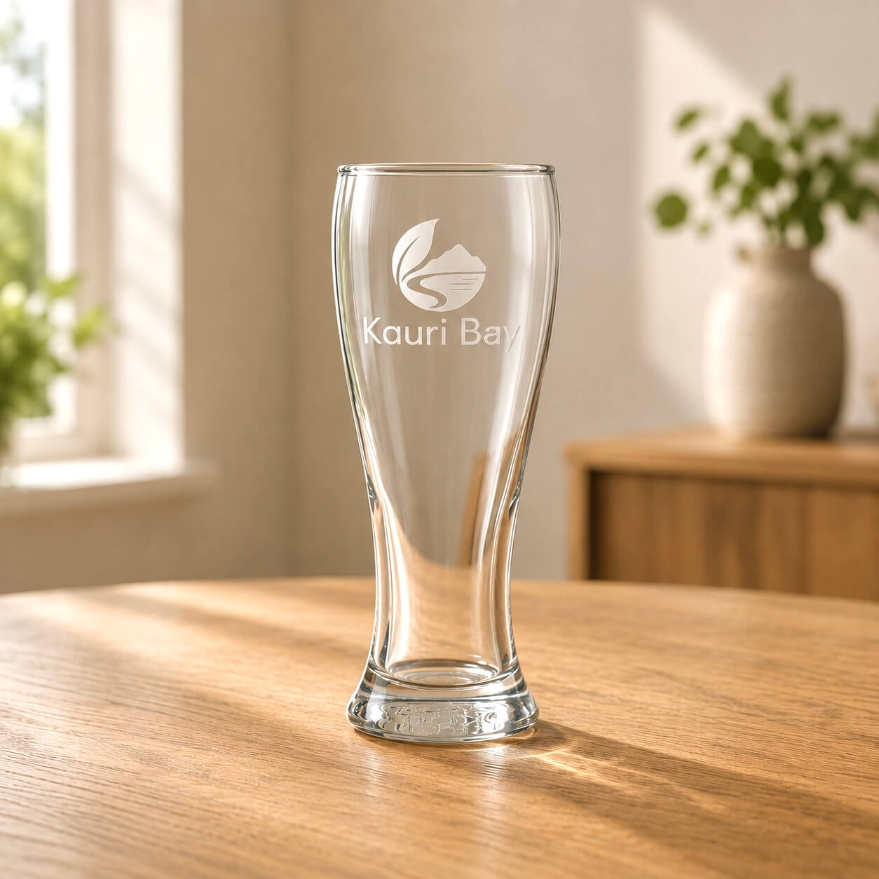 Engraved beer glass with business logo displayed on a wooden table in natural light