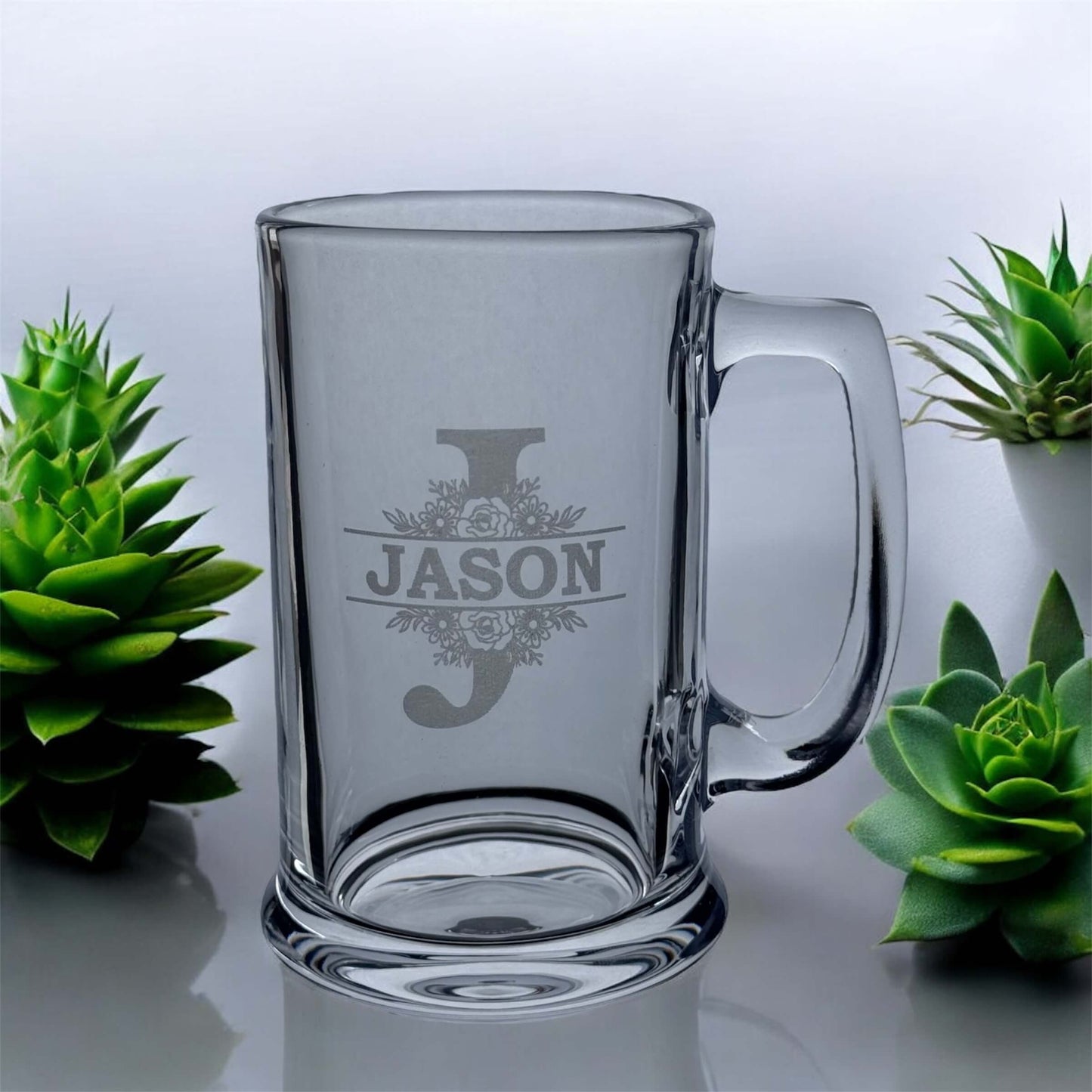Engraved beer glass with name between split initial