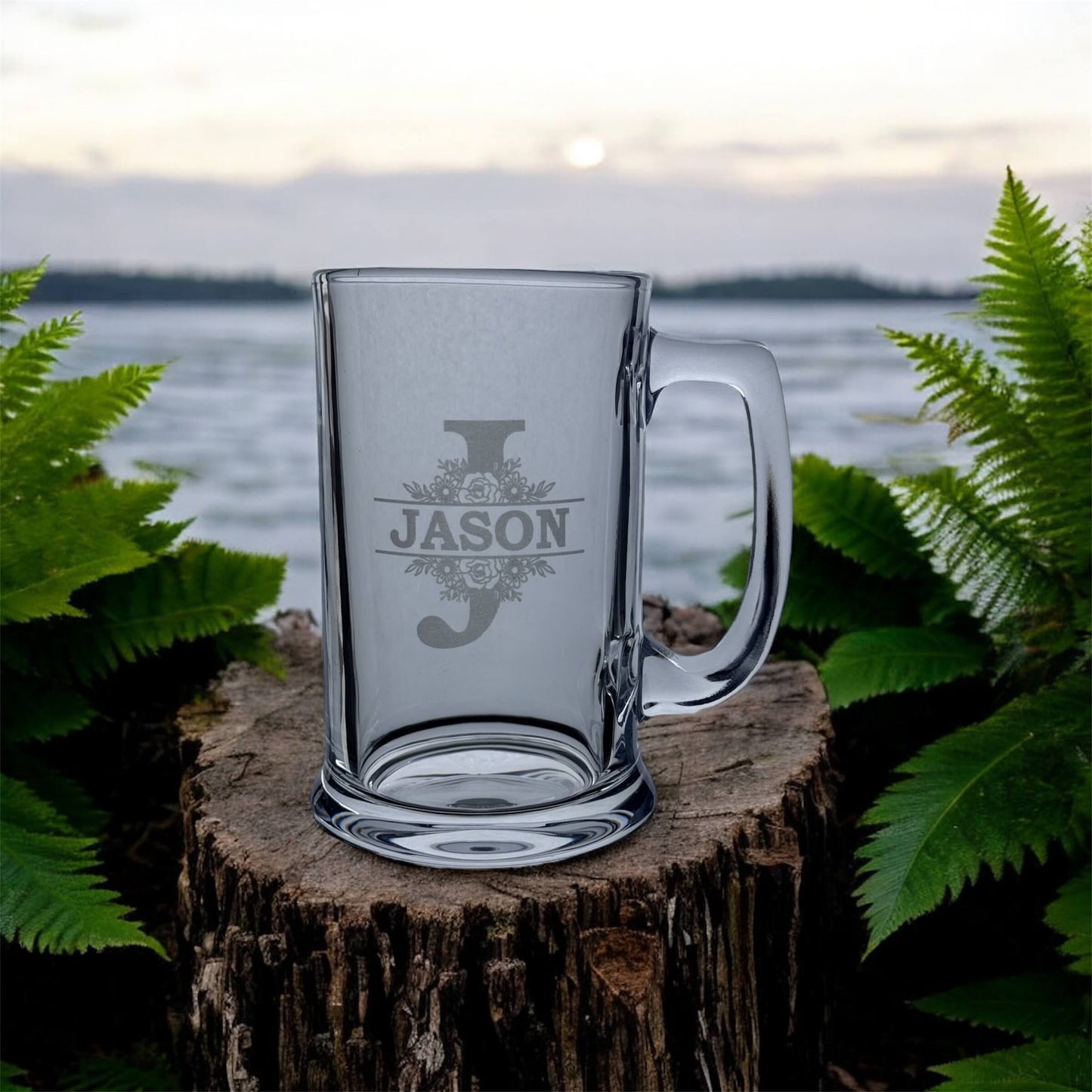 Engraved beer glass with name between split initials
