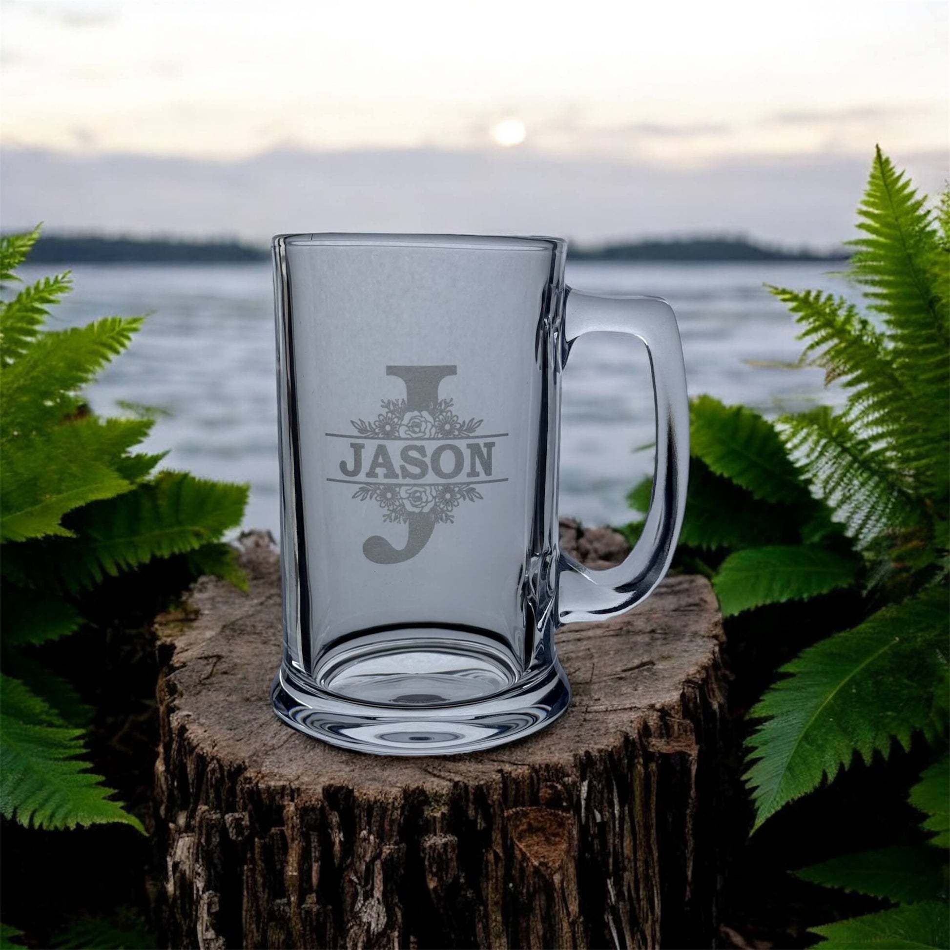 Engraved beer glass with name between split initials