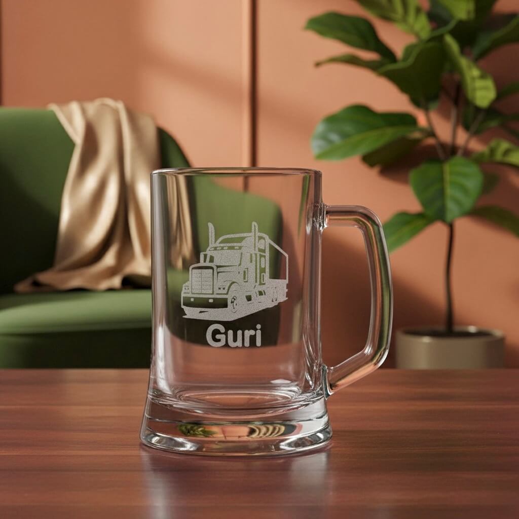 Engraved beer handle featuring semi-truck design and Guri name, custom glass gift for truck drivers