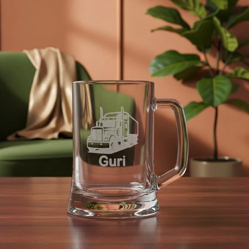 Engraved beer handle featuring semi-truck design and Guri name, custom glass gift for truck drivers