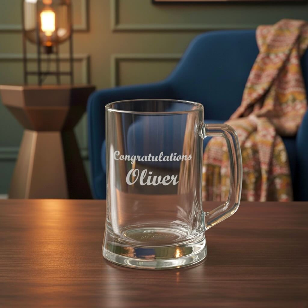Engraved beer mug reading “Congratulations Oliver” shown upright on table beside blue armchair and warm ambient lighting
