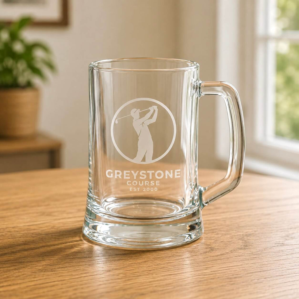 Engraved beer tankard with Greystone Course logo, golfer design and thick glass base
