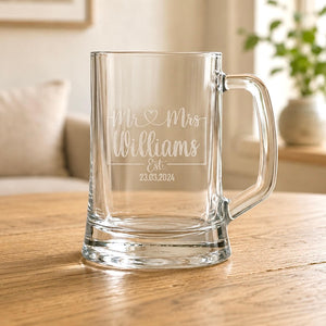 Engraved beer tankard with Mr and Mrs Williams, Est 23.03.2024 and clear handle