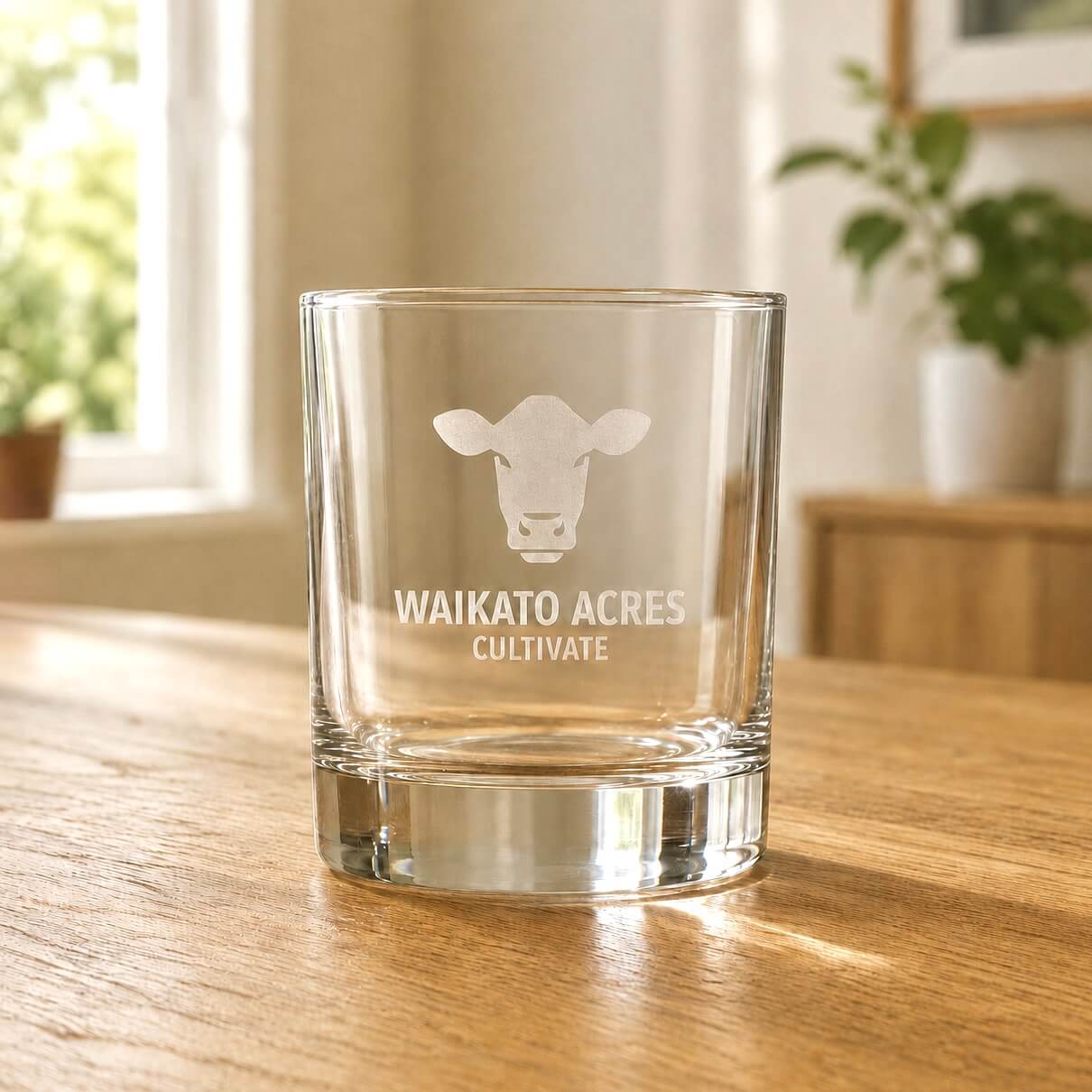 Engraved corporate whisky tumbler with Waikato Acres logo in warm home setting