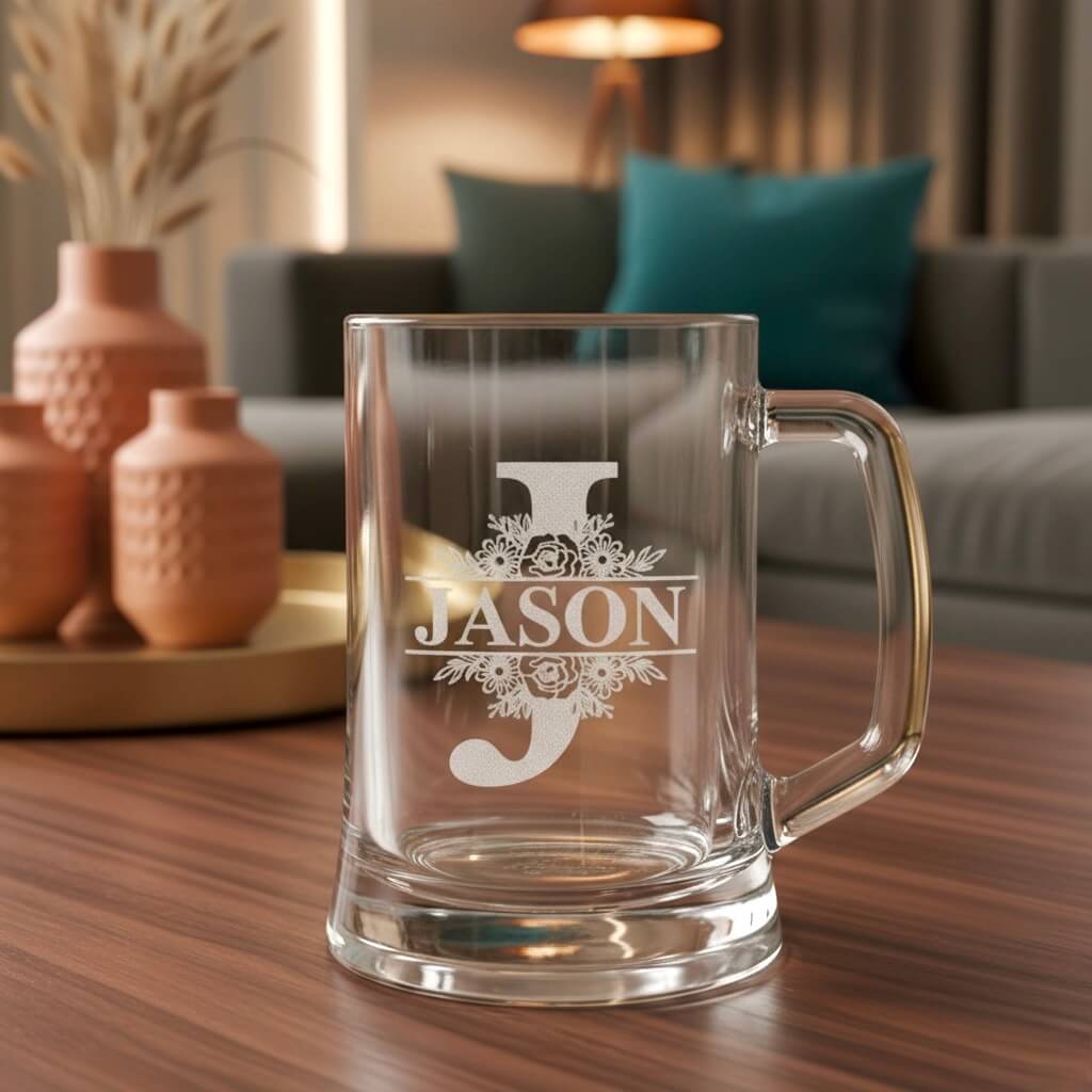 Engraved glass beer handle featuring floral J monogram and Jason name design, set against soft-lit home decor background