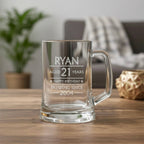 Engraved glass beer mug celebrating Ryan’s 21st birthday, featuring classic brewing since 2004 design
