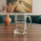 Engraved glass beer mug for Hunter’s 18th birthday, personalised with message from Richard and Jasmine