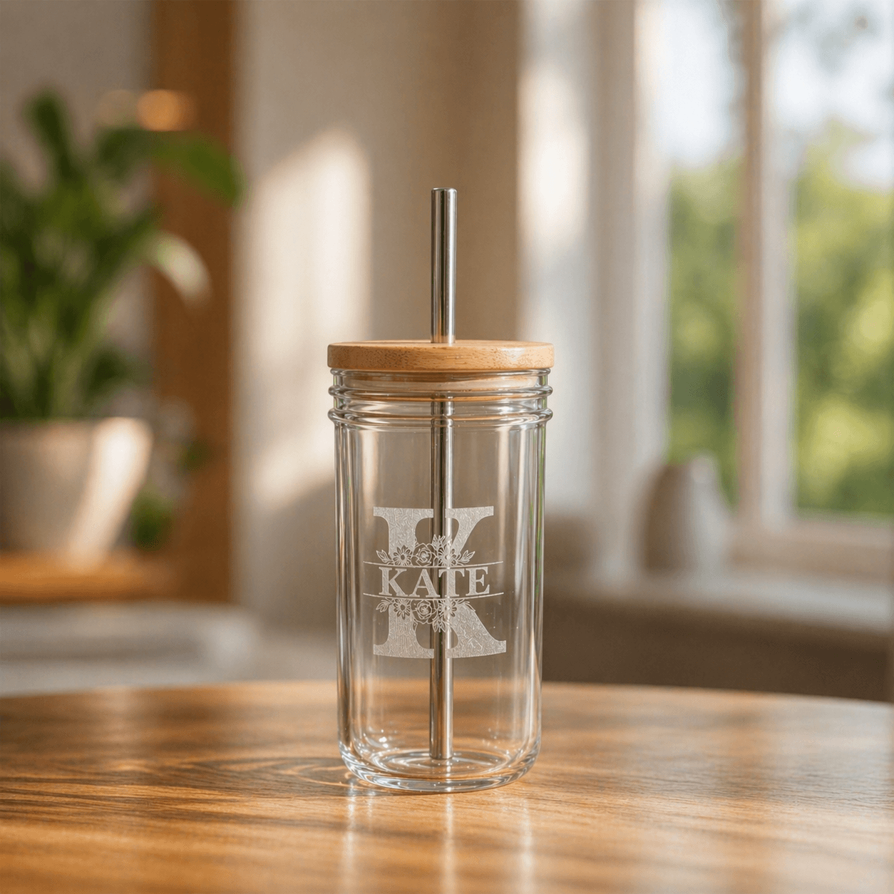 Engraved glass jar tumbler with metal straw, personalised with floral initial K and name Kate on bamboo lid tumbler, natural light kitchen backdrop