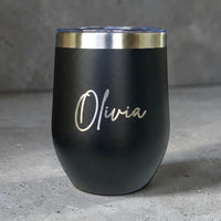 Engraved insulated black coffee cup with Olivia name and clear lid