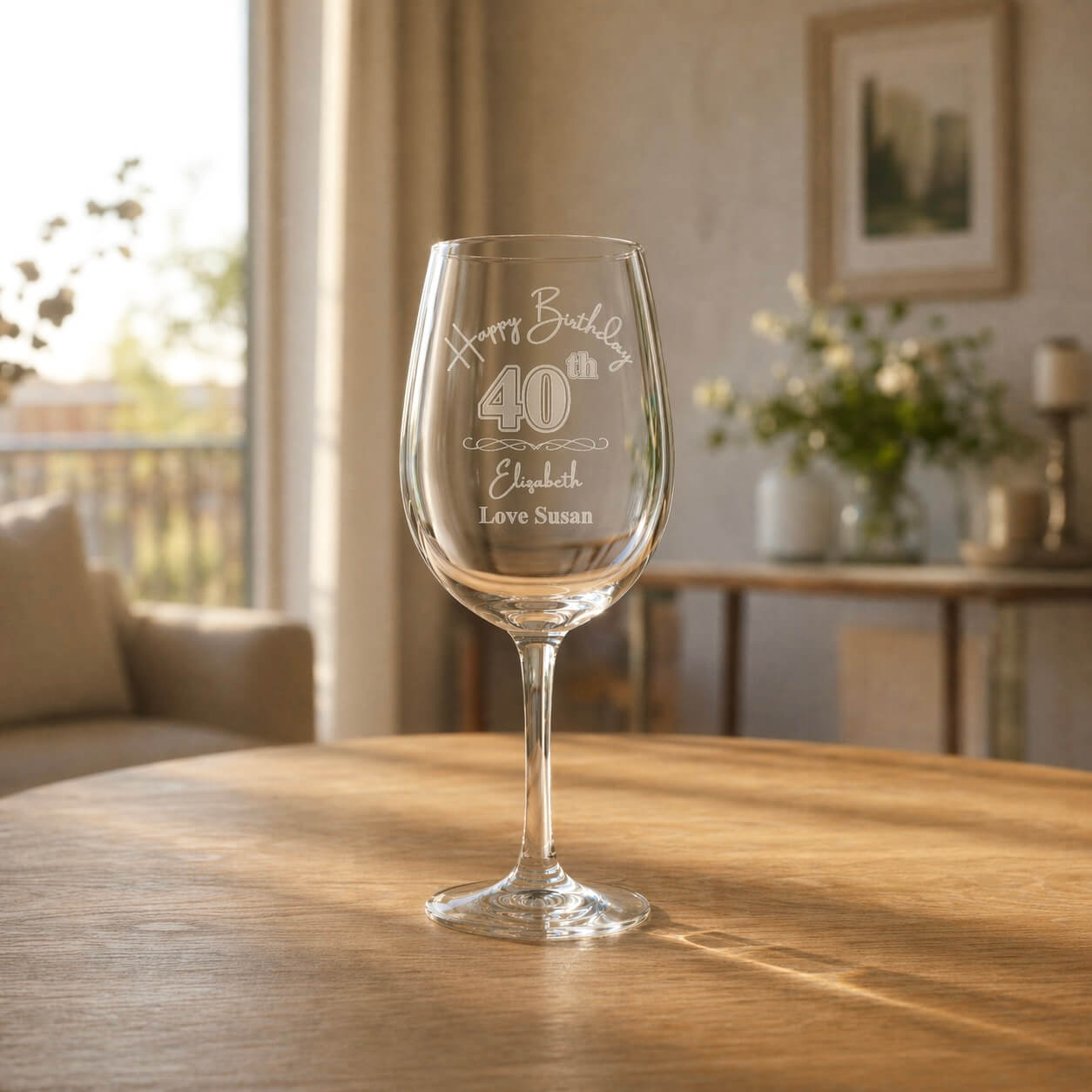 Engraved personalised 40th birthday wine glass gift for her, featuring custom name and message, photographed in a warm modern living room