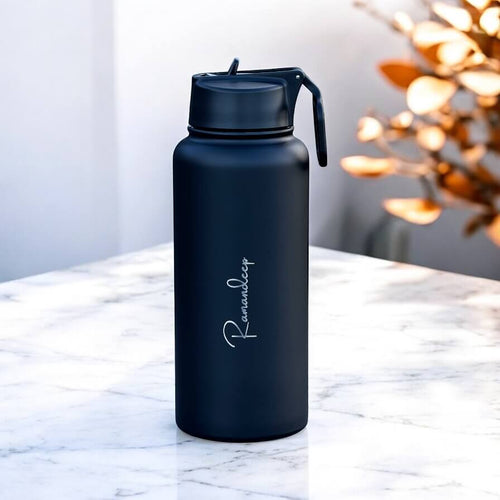 Engraved stainless steel water bottle with handle and straw in matte black