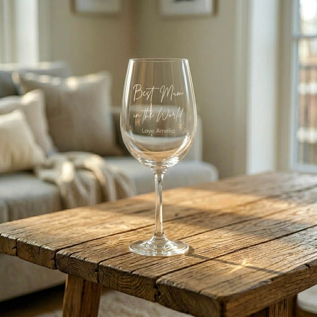 Engraved stemmed wine glass for Mum in styled living room setting, personalised keepsake gift from daughter