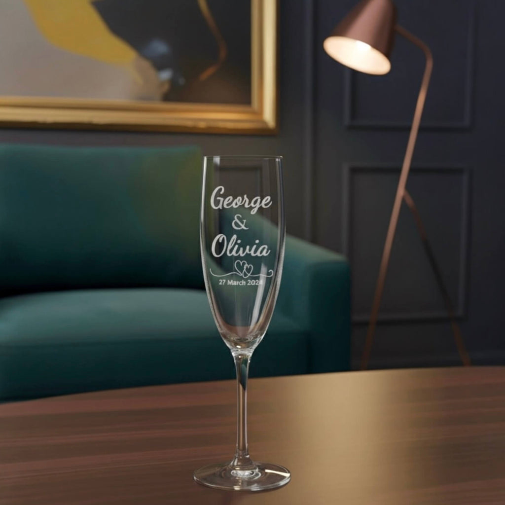 Engraved wedding champagne flute with names George and Olivia and date 27 March 2024, perfect wedding or anniversary gift