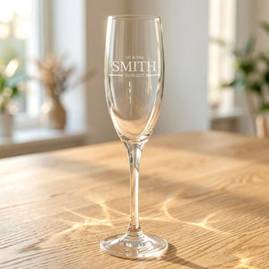 Engraved wedding champagne glass personalised with Mr & Mrs Smith and wedding date 20/09/2025