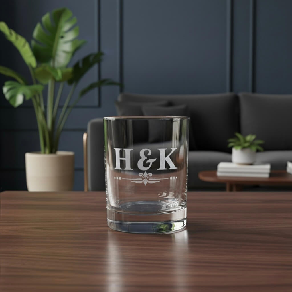 Engraved whiskey glass with H&K initials, personalised couples gift for wedding or anniversary