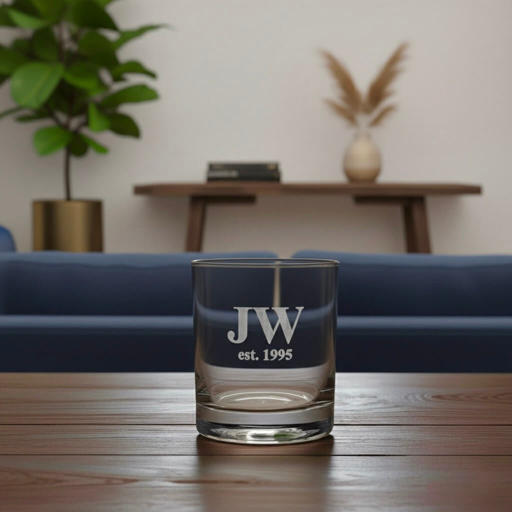 Engraved whiskey glass with JW est. 1995, custom gift for men or milestone year