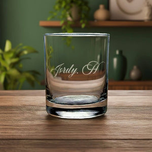 Engraved whiskey glass with cursive name Jordy. A, personalised tumbler gift for him