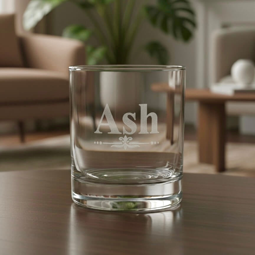 Engraved whiskey glass with name Ash, personalised gift tumbler for men or birthday