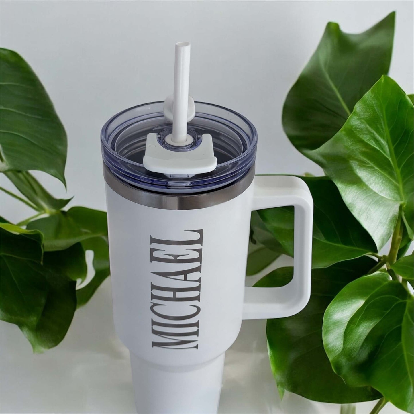 Engraved white stainless steel water bottle with name