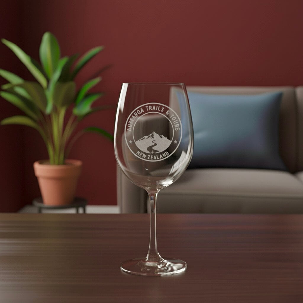 Engraved wine glass featuring custom company logo, styled for staff awards and recognition.