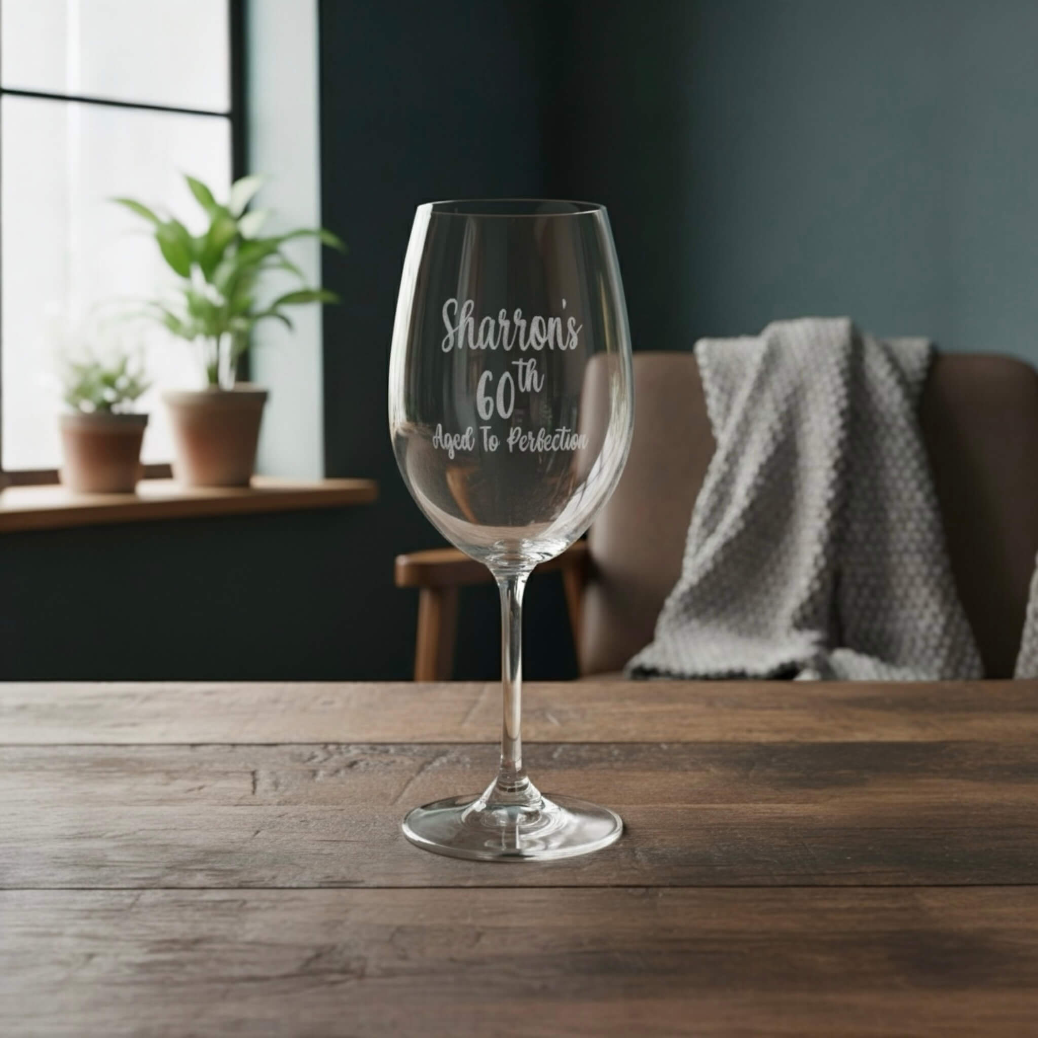 Engraved wine glass for 60th birthday with name Sharron, perfect custom milestone gift for her
