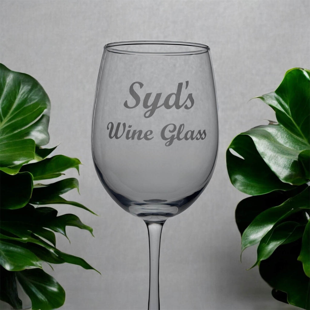 Engraved wine glass with name closeup