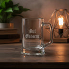Etched beer mug with gothic font name Sui Okesene, perfect custom groomsmen or birthday gift