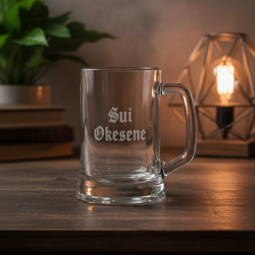 Etched beer mug with gothic font name Sui Okesene, perfect custom groomsmen or birthday gift