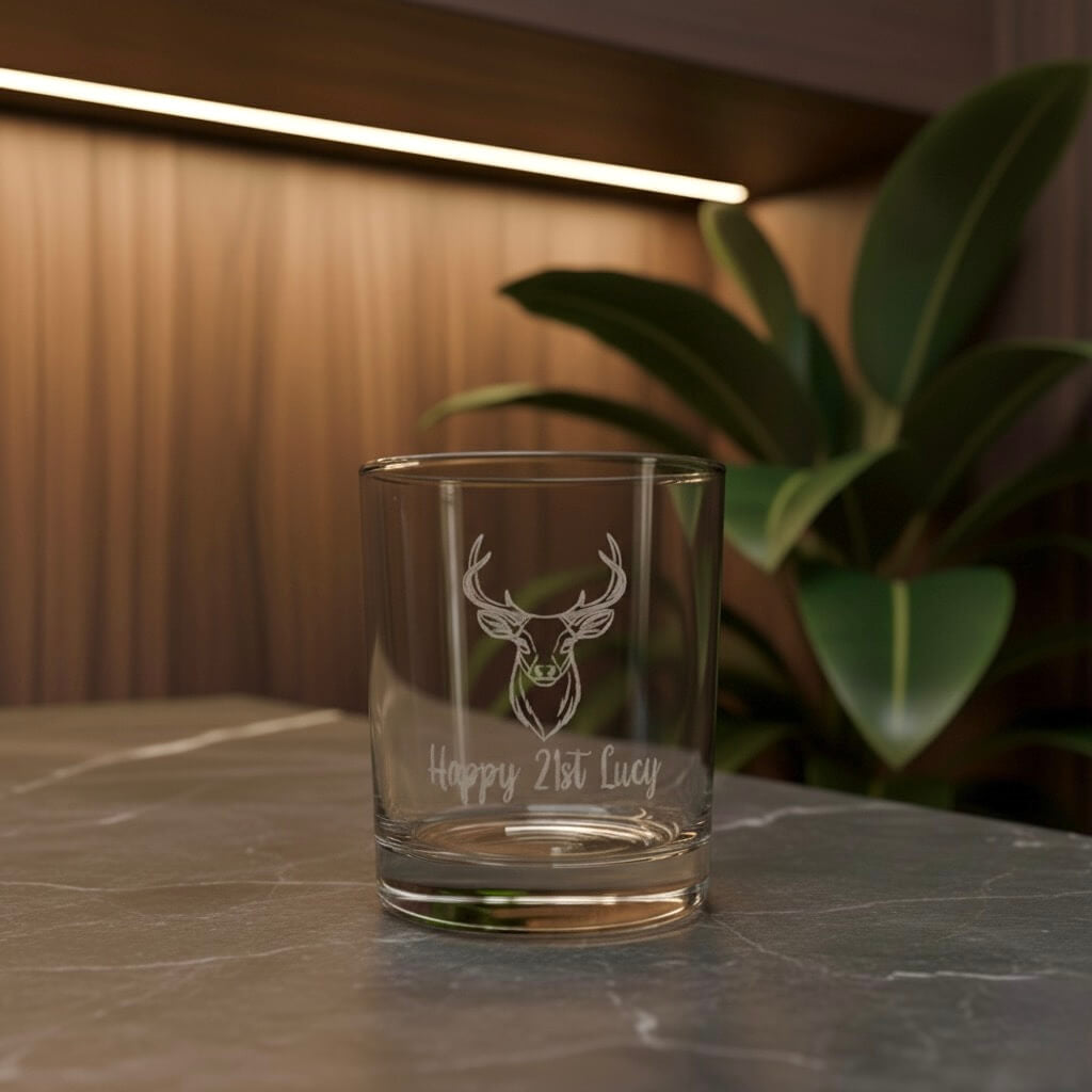 Etched glass with stag antlers and Happy 21st Lucy text, personalised whisky glass gift