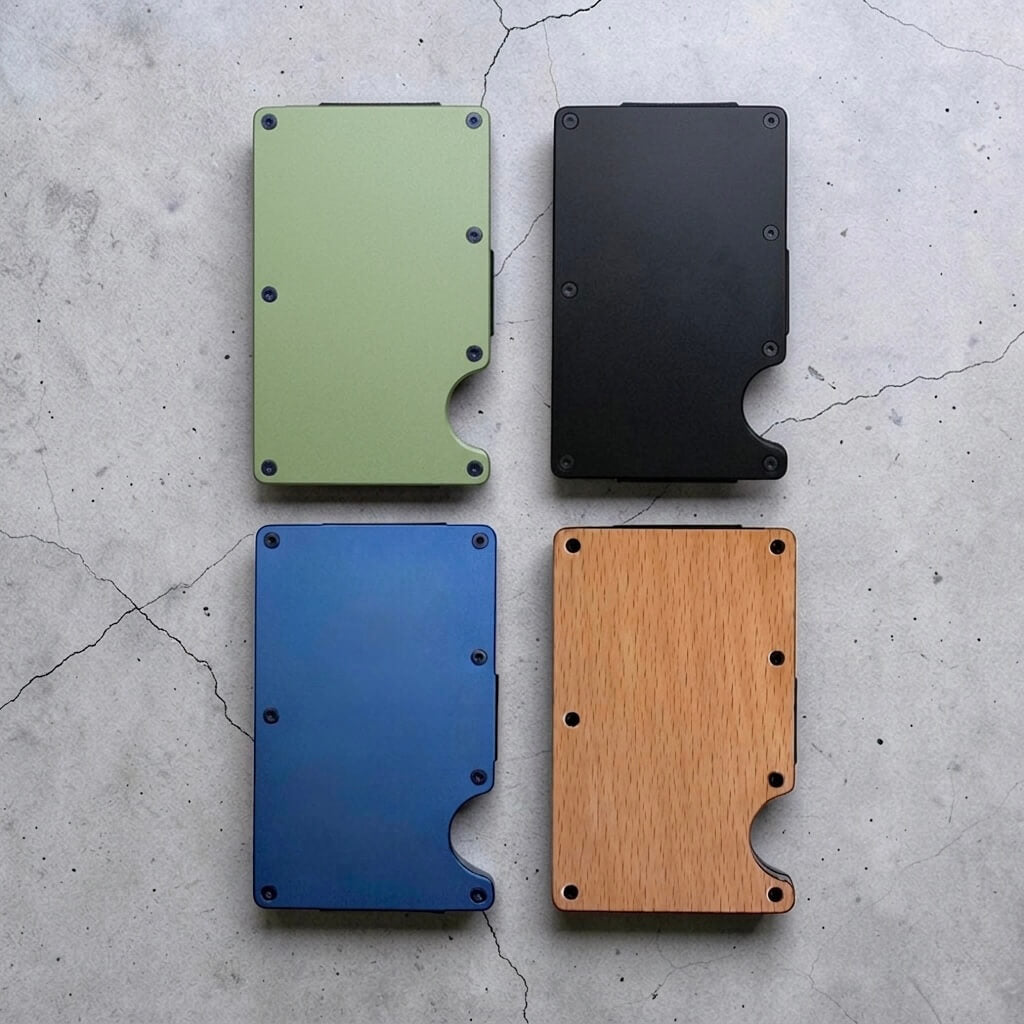 Four personalised slim metal card holders in green, black, navy blue and wood, custom engraved RFID wallet colour options for him