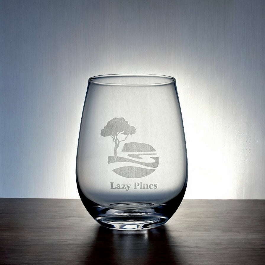 Front-facing view of a personalised stemless wine glass with a custom business logo engraved.