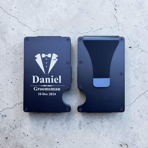 Front and back view of an engraved card holder showing the personalised face and secure cash clip