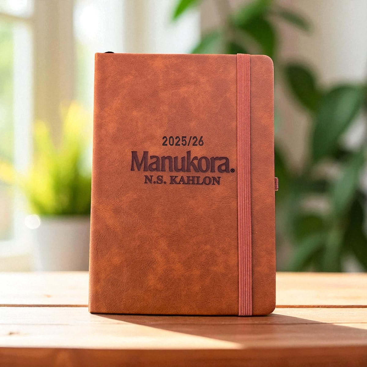 Front view of the personalised leather planner with Manukora and N.S. Kahlon engraving, sitting upright in soft daylight