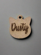 engraved wooden cat id tag in cat face shape with name