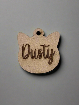 engraved wooden cat id tag in cat face shape with name