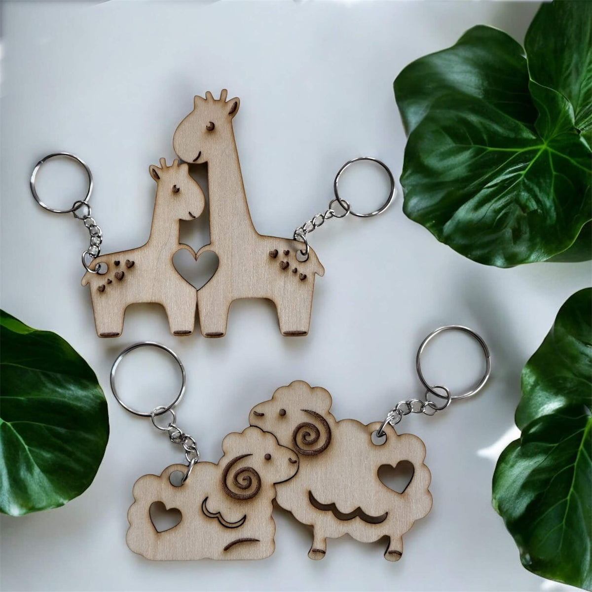 Giraffe and Sheep keychain Tags wooden