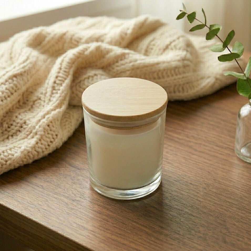 Glass jar candle with wooden lid placed beside simple decor in a warm NZ home setting