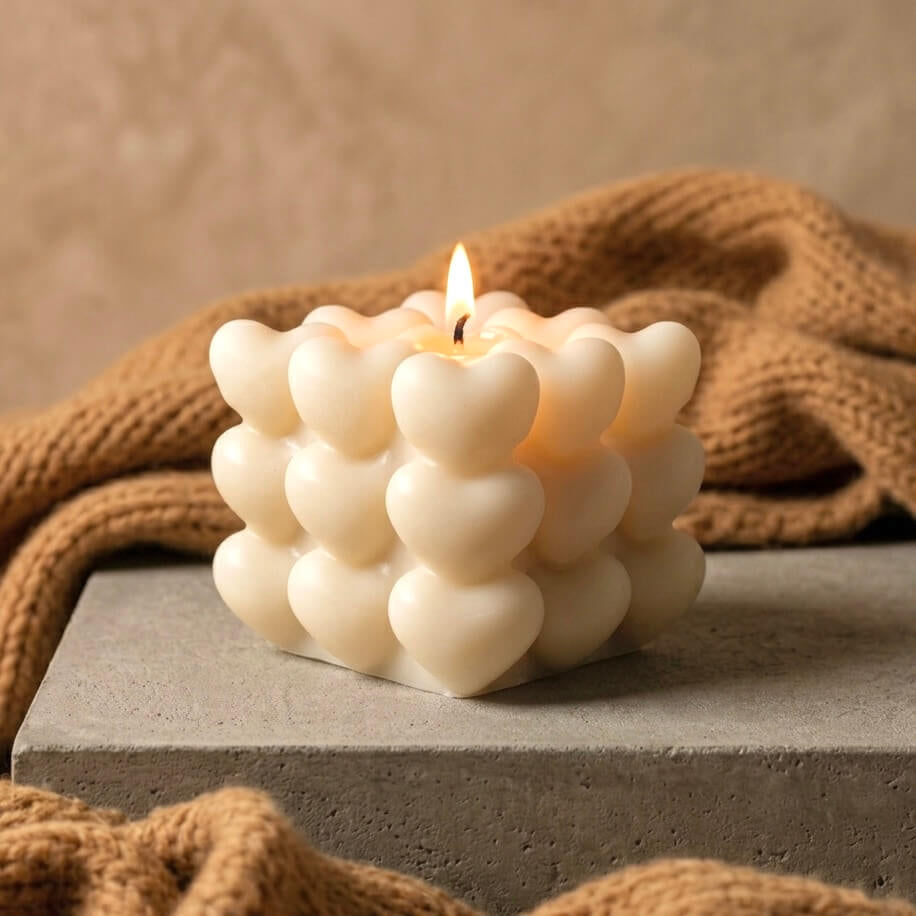 Hand-poured ivory heart cube soy candle with cotton wick burning on concrete surface with knit fabric backdrop