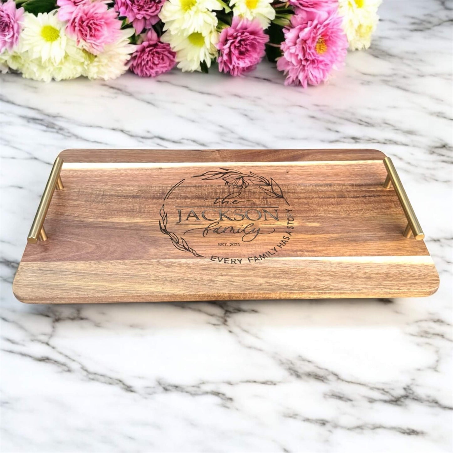 Handcrafted Acacia wood platter with personalised engraving for weddings and anniversaries