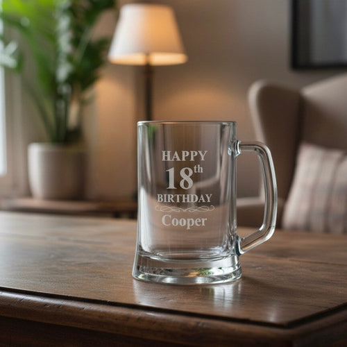 Happy 18th birthday beer mug for Cooper, custom gift idea for him or milestone keepsake glass
