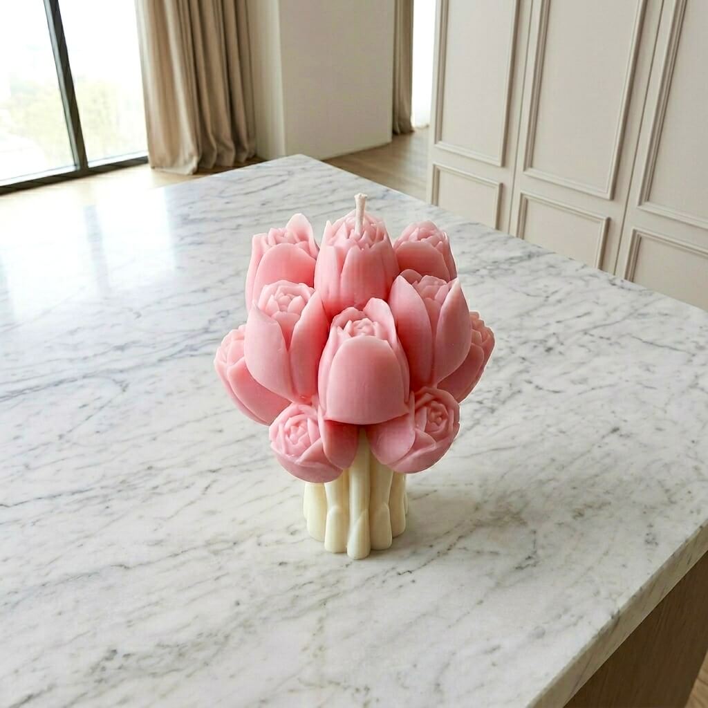 Large pink sculpted tulip bouquet soy wax candle on marble table, artisan floral shaped pillar candle, luxury home fragrance gift