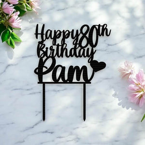 Laser-cut acrylic topper spelling Happy Age Birthday with name