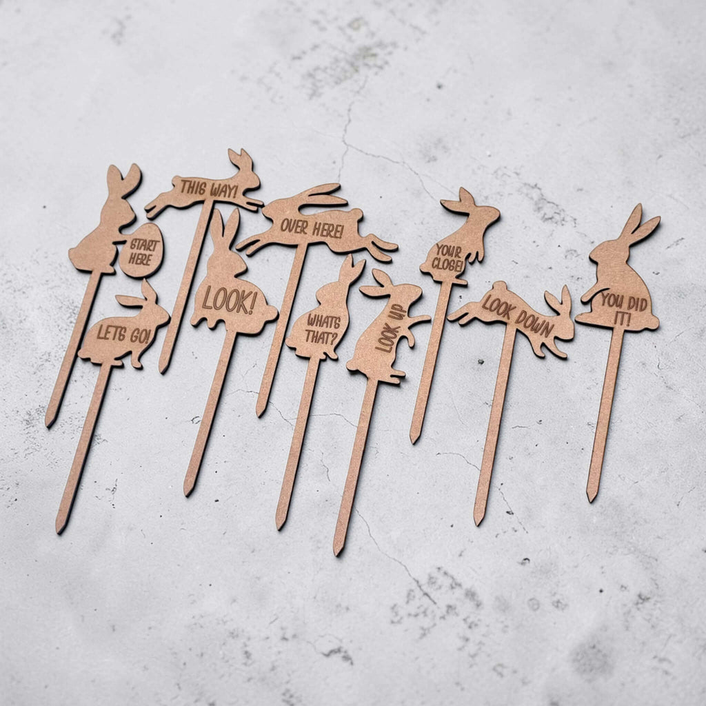 Laser cut wooden Easter bunny garden stakes set, egg hunt trail markers with directional clues for children, MDF rabbit stakes