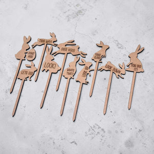 Laser cut wooden Easter bunny garden stakes set, egg hunt trail markers with directional clues for children, MDF rabbit stakes